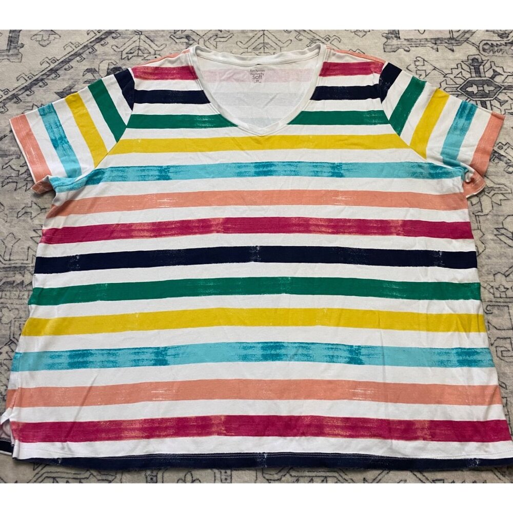 Kim Rogers Womens Striped V-Neck Tee 2X‎ Perfectly Soft 100% Cotton Short Sleeve